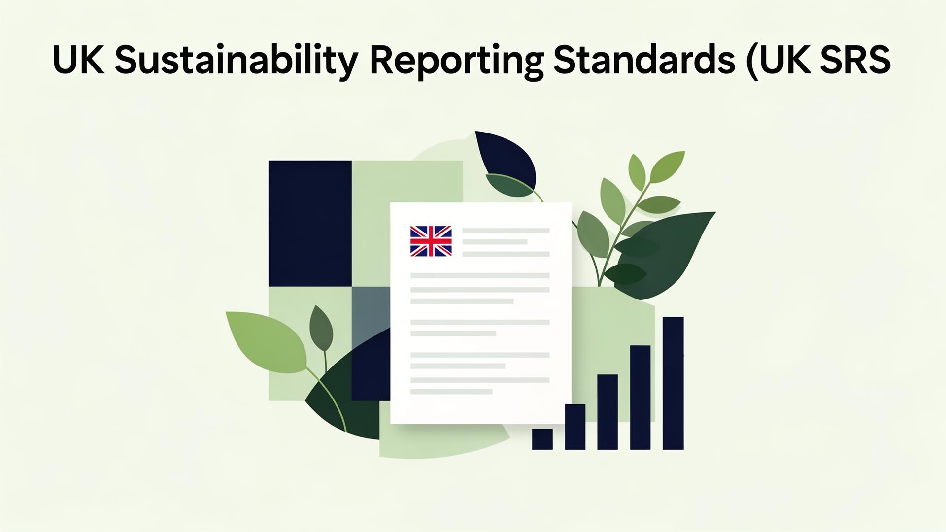 Illustration of UK Sustainability Reporting Standards with regulatory document, UK flag, bar charts and sustainability leaf motifs